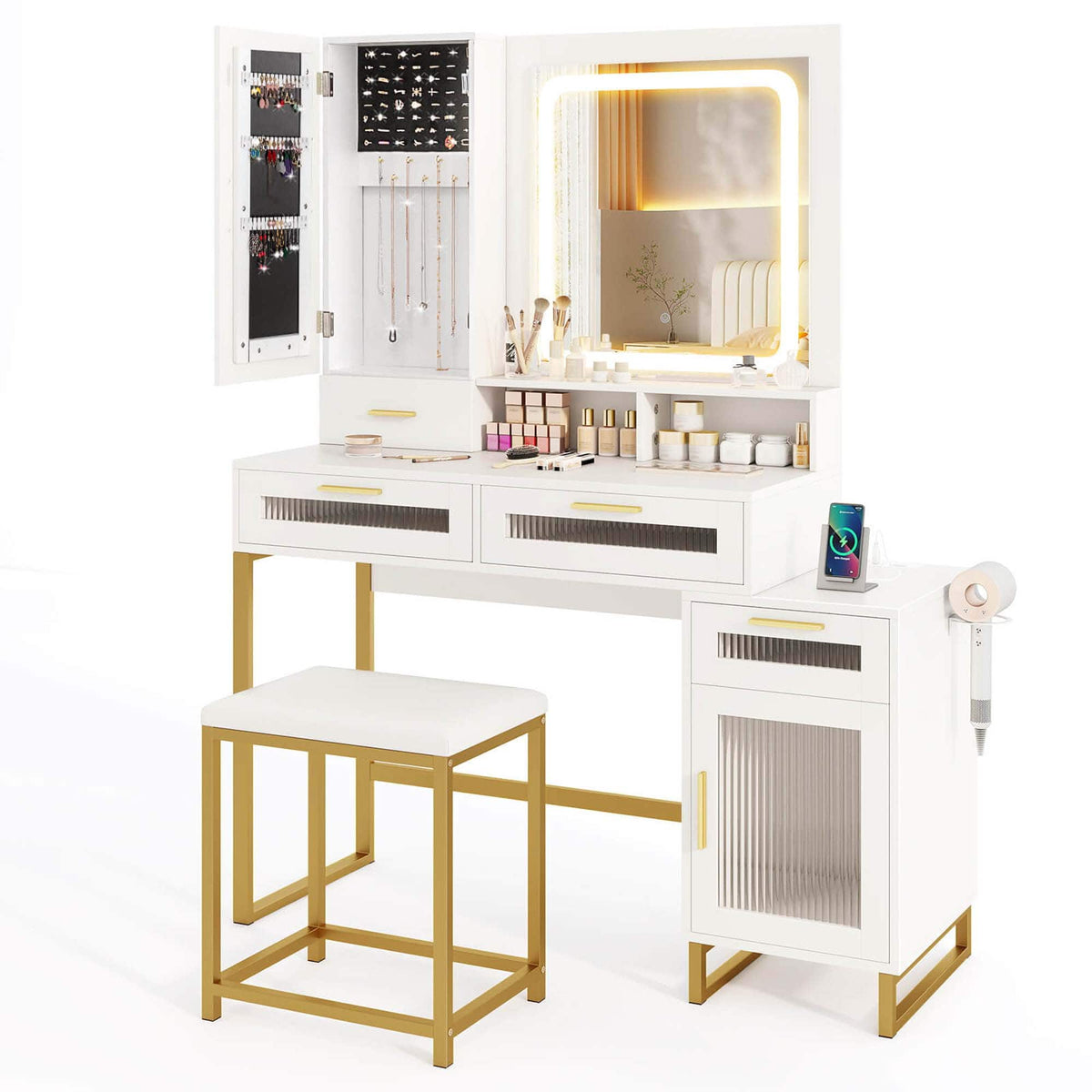Costway - Modern Vanity Set with Mirror and Lights 3 Lighting Modes & Adjustable Brightness - White