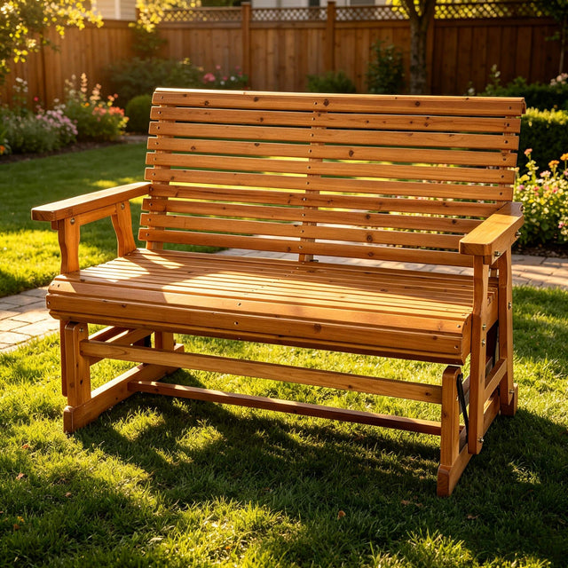 Front. Fortune Candy - Outdoor Wooden Glider for 2 Person, Heavy Duty 800 LBS Porch Glider for Garden Yard - Teak Tone.