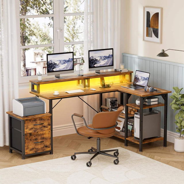 Front. CloudRest Pro - 70 Inch Office Desk Reversible L Shaped Computer Desks with File Drawers&Power Outlet, LED Lights - Brown.