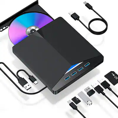 Topteng - 7-in-1 External BD Burner – USB 3.0 & Type-C, Read/Write Blu-ray, SD/TF Slots, 4 USB Ports, Fit for Laptop & Desktop