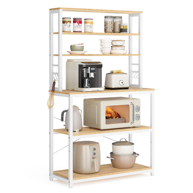 Front. Songmics Home - Coffee Bar, Baker’s Rack for Kitchen with Storage, 6-Tier Kitchen Shelves with 6 Hooks, Microwave Stand, Industrial - Oak Colour and White.