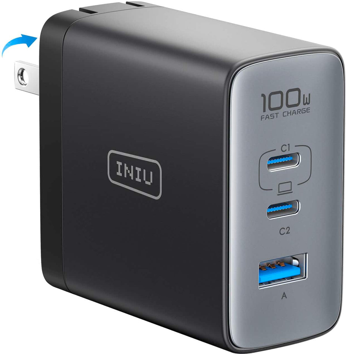 INIU - 100W USB C/A Wall Charger, GaN Fast Charge with Foldable Plug for iPhone 17 16 15 14 13 Samsung Google Pixel iPad Laptop - Black