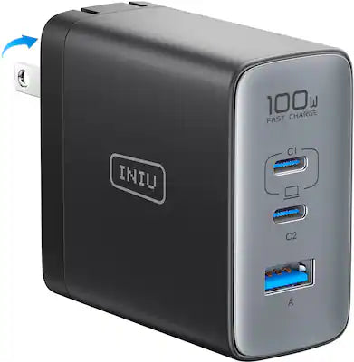 INIU - 100W USB C/A Wall Charger, GaN Fast Charge with Foldable Plug for iPhone 17 16 15 14 13 Samsung Google Pixel iPad Laptop
