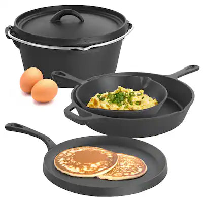 MegaChef - Pre-Seasoned Cast Iron 5-Piece Kitchen Cookware Set, Pots and Pans