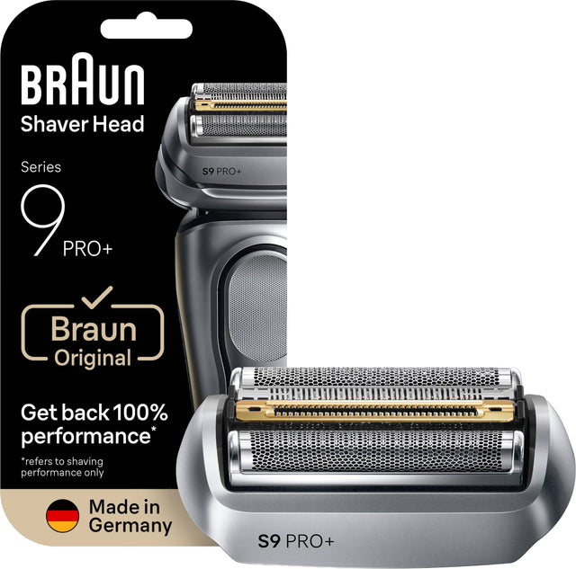 BRAUN Shaver Head  
Series 9 PRO+  
Braun Original  

Get back 100% performance*  
*refers to shaving performance only  

Made in Germany  

S9 PRO+