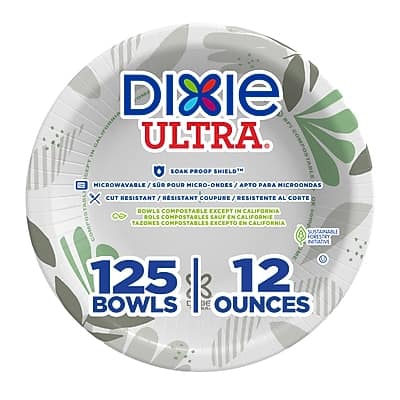 DIXIE ULTRA

SOAK PROOF SHIELD™

MICROWAVABLE / SOR POUR MICRO-ONDES / APTO PARA MICROONDAS

CUT RESISTANT / RÉSISTANT À LA COUPE / RESISTENTE AL CORTE

BOWLS COMPOSTABLE EXCEPT IN CALIFORNIA / TAZONES COMPOSTABLES EXCEPTO EN CALIFORNIA / BOLS COMPOSTABLES SAUF EN CALIFORNIE

SUSTAINABLE INITIATIVE FORESTRY

125 BOWLS / 12 OUNCES