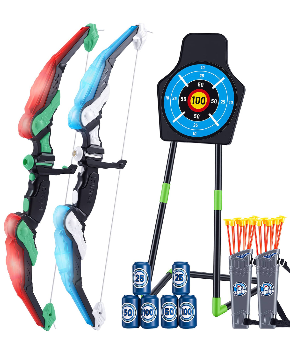 Sugift - Kids LED Archery Set With 2 Bows 20 Suction Cup Arrows 1 Standing Or Hanging Target 6 Score Targets 2 Quivers - Black
