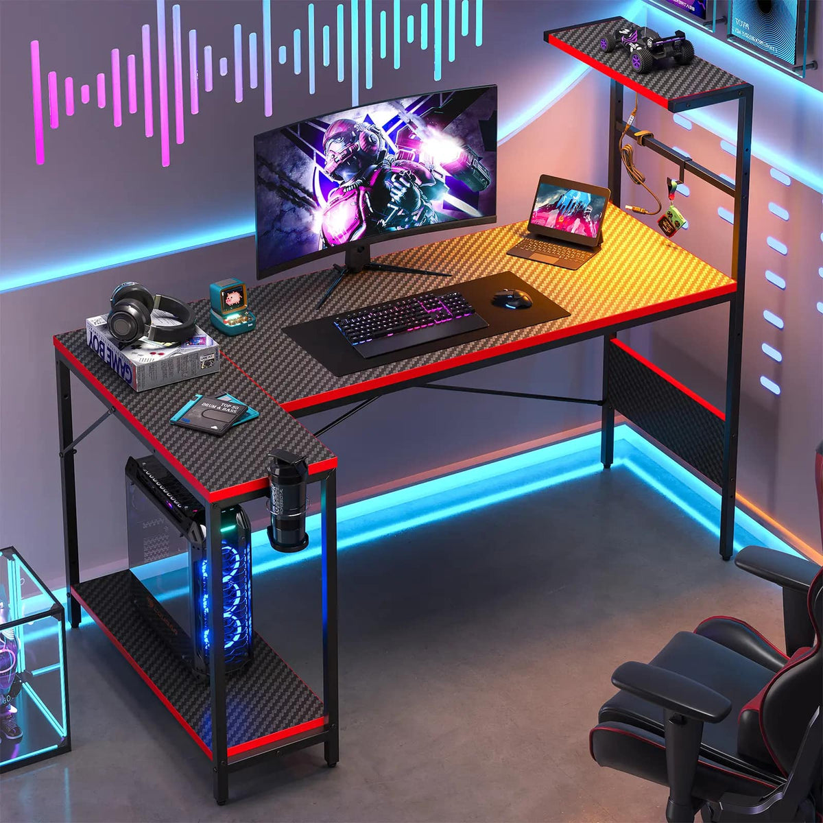 RSPGAME - 57.4'' L-Shaped Gaming Desk with LED Lights, Computer Desk with Shelf Holder & Hook, Gaming Table for Home Office - Black & Red