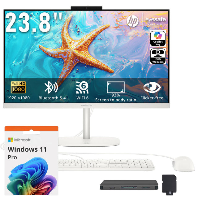 23.8" HP Eyesafe Certified Copilot Key FHD Webcam Full HD 1080 1920 x 1080 Bluetooth 5.4 6 93% WiFi 6 Flicker-free Screen to body ratio OMNISTUDIO Microsoft Windows 11 Pro