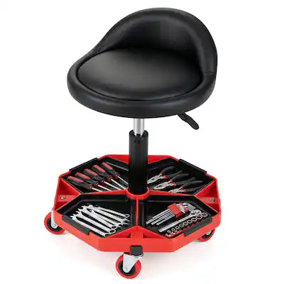 Costway - Rolling Mechanic Stool with Tool Storage Tray, Backrest, PU Leather Seat Cushion