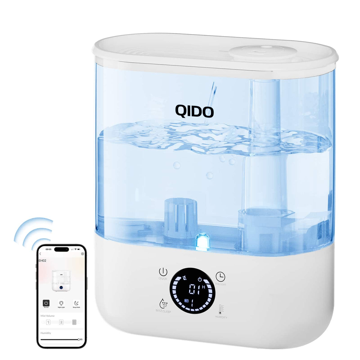 QIDO - 1.32Gal/5L Smart Ultrasonic Humidifier 28dB Quiet Top Fill Supersized Humidifier Essential Oil Diffuser - White