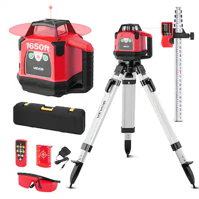 VEVOR - Rotary Laser Level Kit, 1650ft 360-Degree Self Leveling Red Horizontal Laser Transit,with Heavy-duty Tripod, Receiver