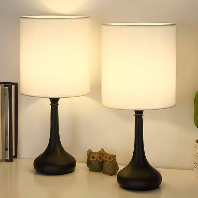 Front. Oumilen - Set of 2 Mid-Century Bedside Lamps with White Fabric Shade & Black Teardrop Metal Base, E26 Base (Bulbs Not Included).