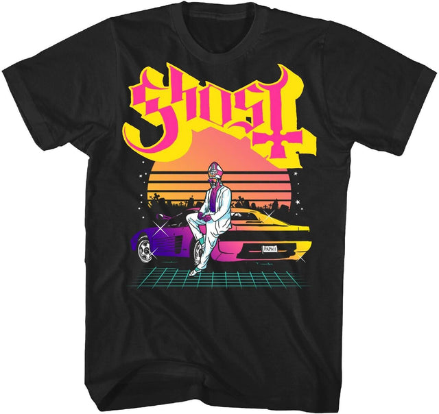 Front. PopMarket - Ghost - Ghost - Papa Lambo Synthwave T-Shirt - Large Black TS4405GOSA3   - APPAREL - Multicolor.