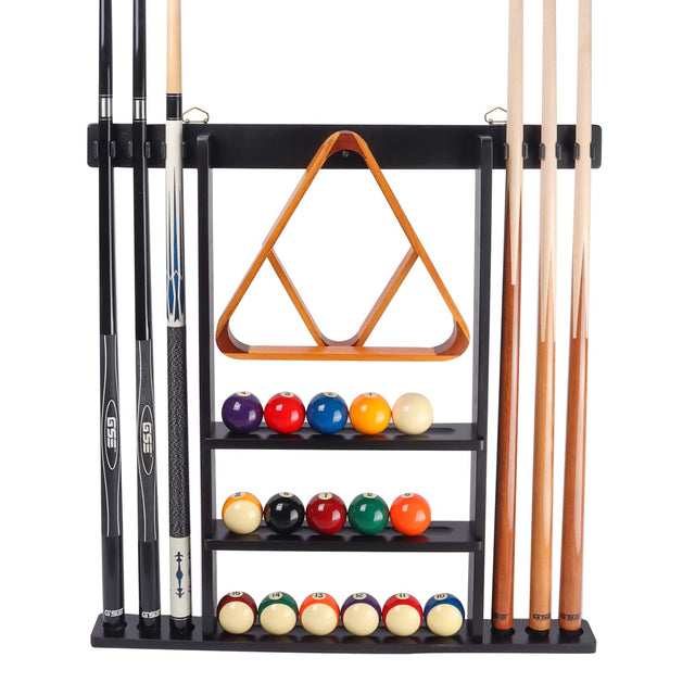 Front. GSE Games & Sports Expert - Wood 6 Wall Pool Cue Rack with Metal Hook, Billiard Pool Cue Rack Only, Wall Mount Rack - Black - Black.