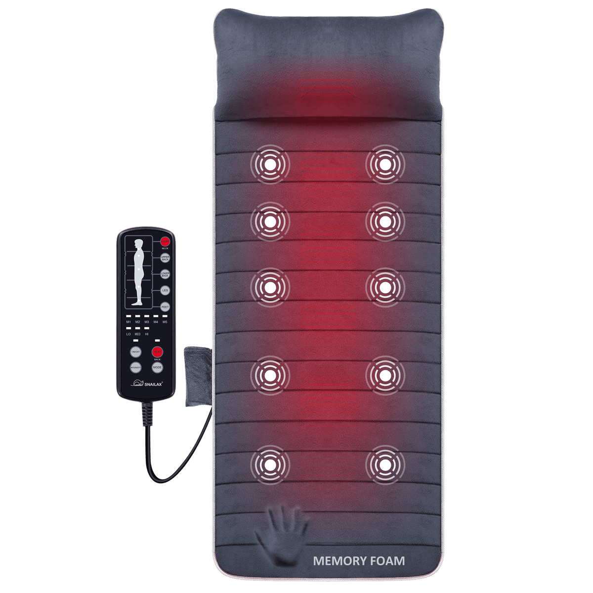 Snailax - Massage Full Body Massage Pad with heat, Memory Foam & 10 Vibration Motors - Gray
