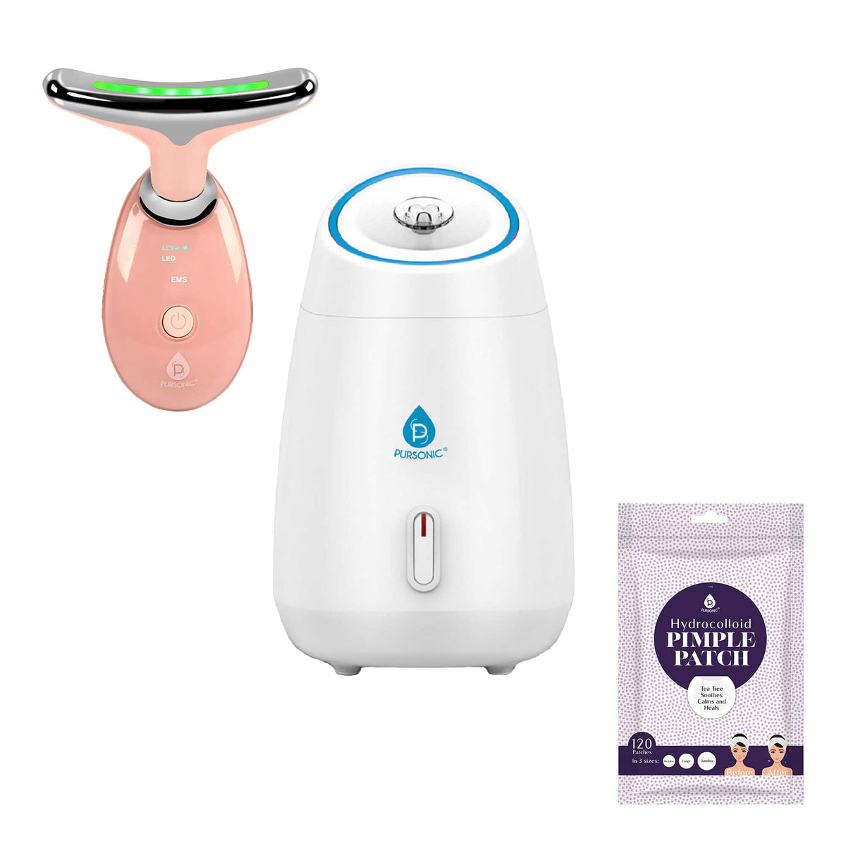 Pursonic - At-Home Facial Spa Bundle: Steamer + 7-in-1 LED Therapy + Pimple Patches - Multicolor