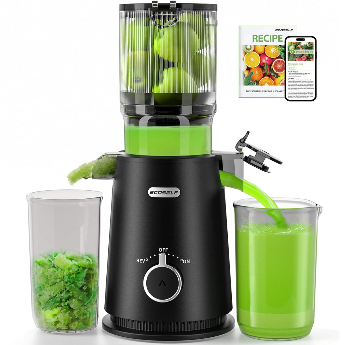 Ecoself - Juicer Machine with 4.35" Wide Mouth & Large Feed Chute, Cold Press Juicer For Fruits & Vegetable - Black
