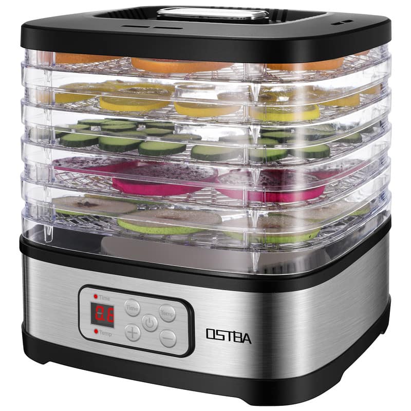 OSTBA - Food Dehydrator, 5 BPA-Free Trays, Adjustable Temp & 72H Timer - Silver
