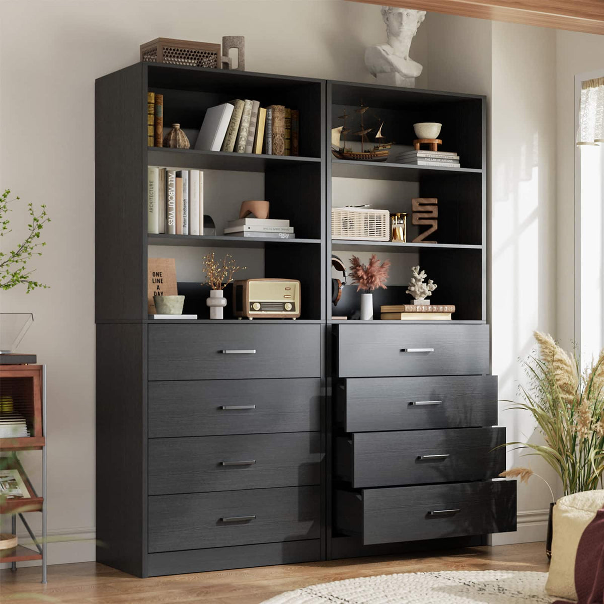 Aheaplus - 80'' Tall Bookcase with 8 Wooden Drawers, 42.5'' Wide Storage Unit with 4 Shelves, 2-Piece Set - Black