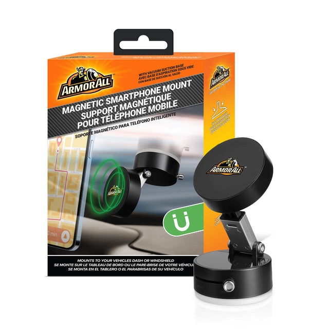 ARMORALL MAGNETIC SMARTPHONE MOUNT
MAGNETIC SUPPORT MOBILE POUR TÉLÉPHONE INTELLIGENT
SOPORTE MAGNÉTICO PARA TELÉFONO INTELIGENTE

WITH VACUUM SUCTION BASE
BASE VIDE SUCTION
BASE AL VACÍO

MOUNTS TO YOUR VEHICLES DASH OR WINDSHIELD
SE MONTA EN EL TABLERO O EL PARABRISAS DE SU VEHÍCULO
