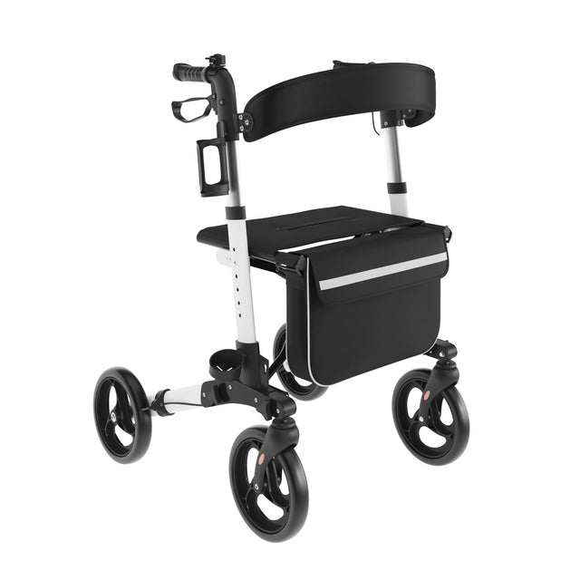 Front. Emma + Oliver - Ramsey Rollator Walker with Lightweight, Height-Adjust, Foldable Frame, Three-Setting Hand Brake System, 360° Swivel - White and Black.