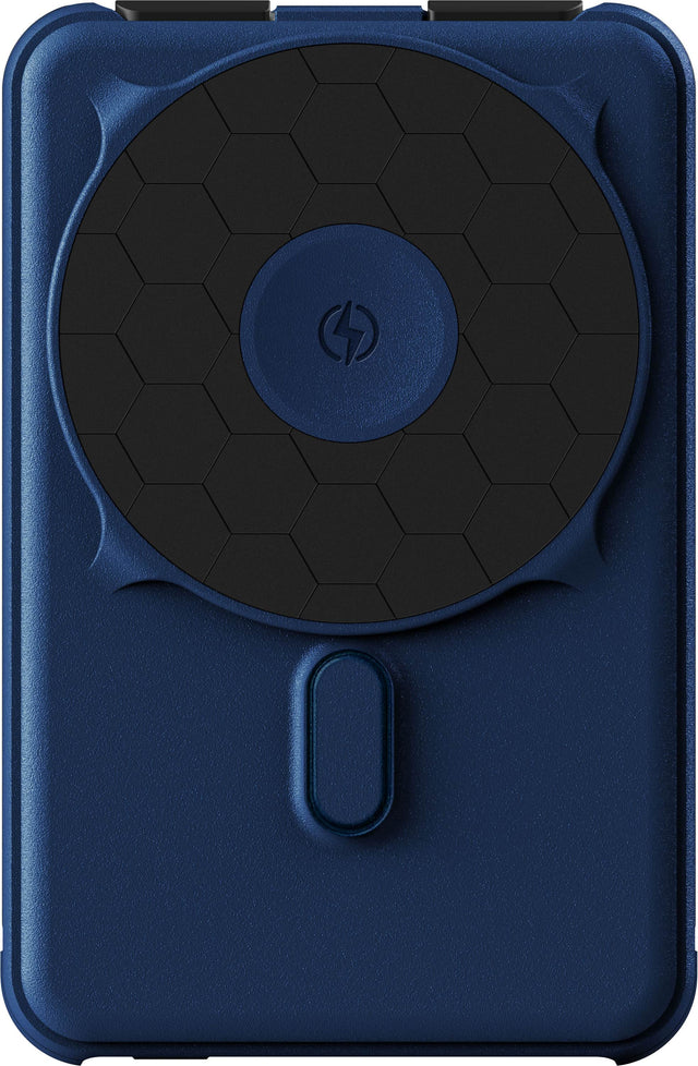 Front. The Ridge Wallet - MAGSAFE POWER BANK 10,000mAh 20w 5-in-1 with integrated lightning and USB-C cables, Apple Watch charging, and Kickstand - Dark Harbor.
