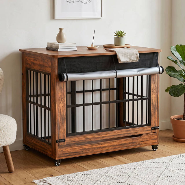 Front. Anysun - 46" Wooden Dog Crate Furniture, Double Door Indoor Kennel, Decorative Pet Cage End Table w/ Wheels, for Extra Large Dogs.