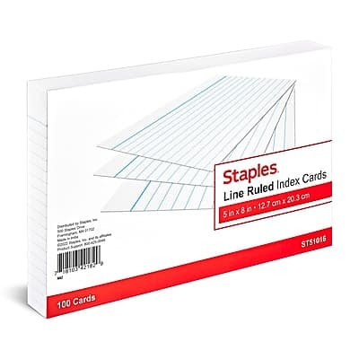 Staples  
Line Ruled Index Cards  
5 in x 8 in (12.7 cm x 20.3 cm)  
ST51016  
100 Cards