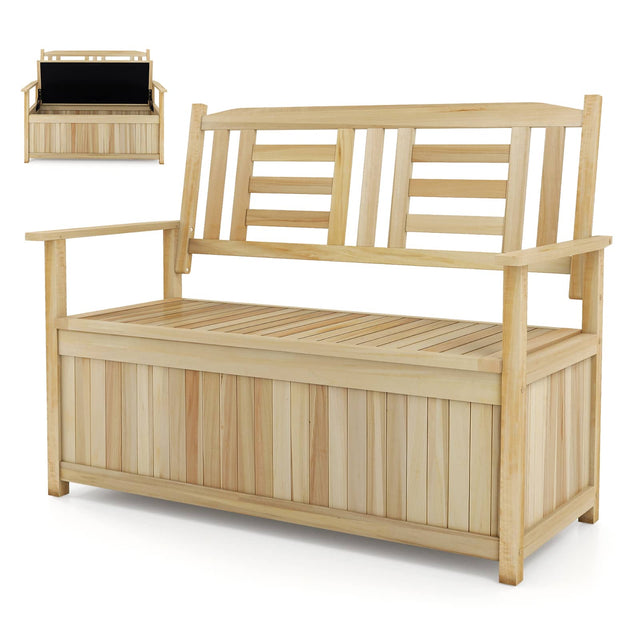 Front. Gymax - Gymax Storage Bench Outdoor Solid Wood Deck Box w/Backrest Slatted Seat & Armrests - Yellow.