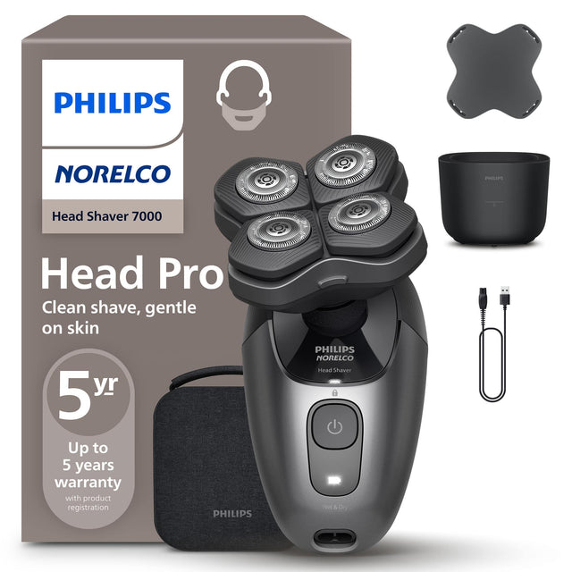 PHILIPS NORELCO  
Head Shaver 7000  

Head Pro  
Clean shave, gentle on skin  

5 yr  
Up to 5 years warranty with product registration  

PHILIPS NORELCO  
Head Shaver  
Wet & Dry