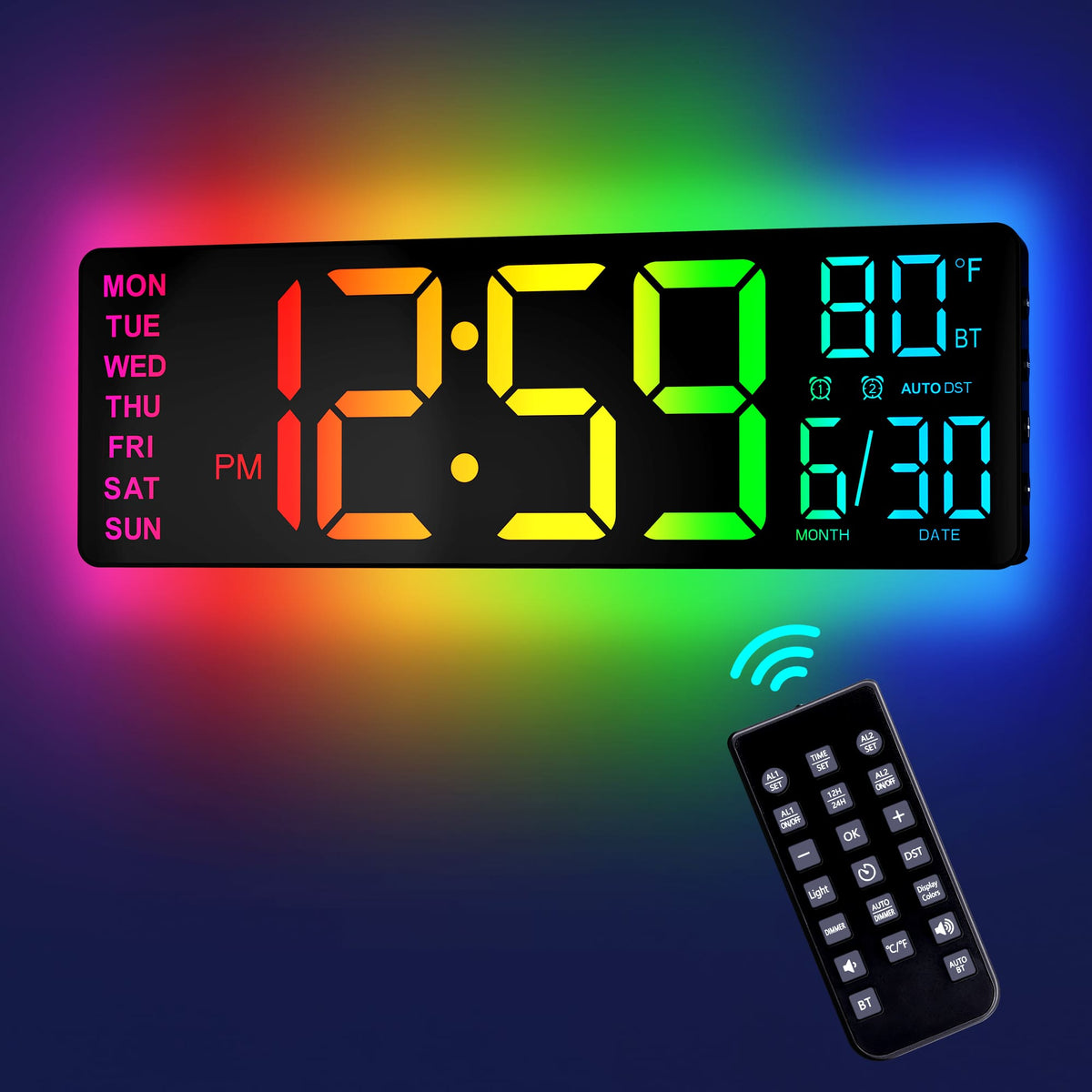 Easyera - 12" Digital Wall Clock with Remote Control, RGB Lights, Dual Alarms, LED Display, Auto DST, Temperature, Power via plug - Black