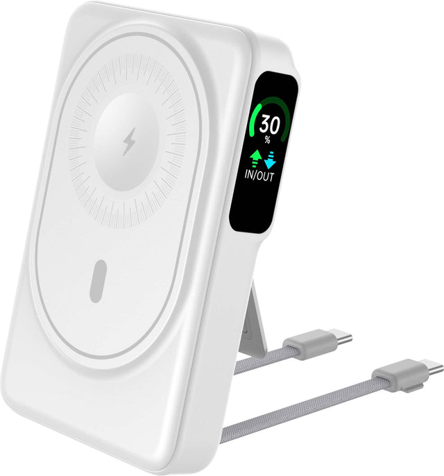 Front. Energizer - 10,000mAh 22.5W Magnetic Wireless Qi/Qi2.0/MagSafe PowerBank, OLED Display, Apple Watch Charger, 2 Built in USB-C Cables - White.