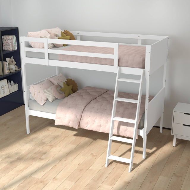 Front. Emma + Oliver - Samuel Kids Bunk Bed with Convertible, Solid Wood Slatted Frame and Easy-to-Climb Ladder with No Box Spring Required - White.