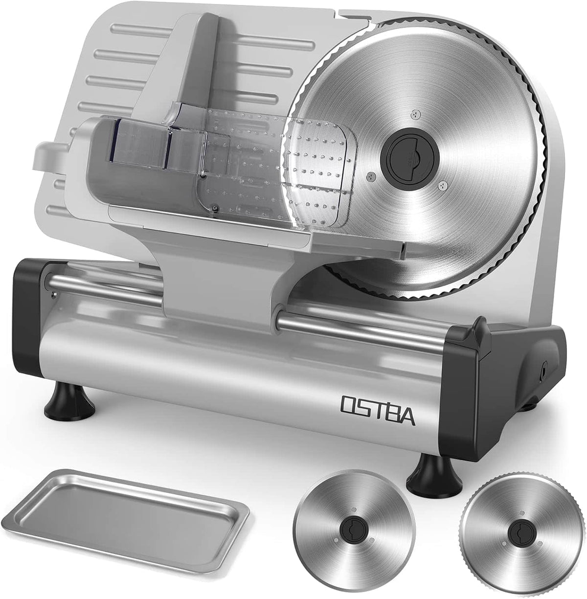 OSTBA - Electric Meat Slicer with 200W DC Motor, 2 Removable 8.7” Stainless Steel Blades, Adjustable Thickness 0–15mm
