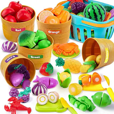 Joyfy - Montessori Learning Toys for 3 4 5 Year Olds - Cutting Play Food Set for Toddlers, Kitchen Color Sorting for Preschool,