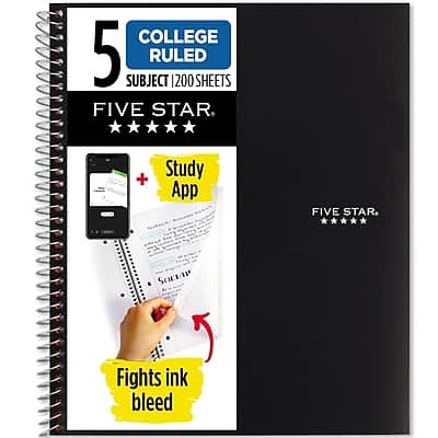 COLLEGE 5 RULED  
SUBJECT | 200 SHEETS  
FIVE STAR.  

Study App  
FIGHTS INK BLEED  

FIVE STAR.