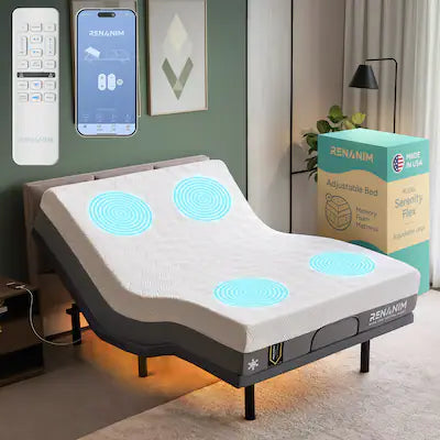 Renanim - SF Queen Adjustable Bed with 14" Cooling Gel Memory Foam Mattress, Massage, Zero Gravity Electric Bed