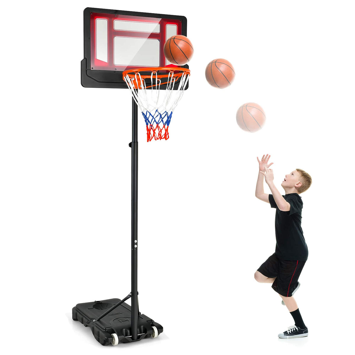 Costway - Kids Basketball Hoop Portable Backboard System with Adjustable Height Ball Storage - Black + Red