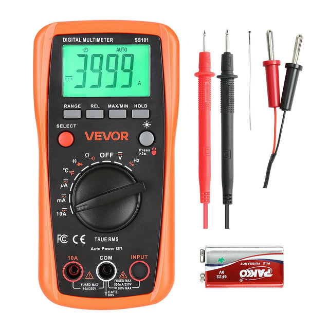 DIGITAL MULTIMETER SS101  
AUTO 3999 A  
RANGE REL MAX/MIN HOLD SELECT  
VEVOR  
Q + C F OFF V  
Press >25 Hz %  
Ay Am 10A  
FC CE  
TRUE RMS  
Auto Power Off  
10A COM INPUT  
FUSED MAX  
FUSED MAX  
500mA/250V  
10A/250V  
= 500V MAX  
CAT I 800V  
POUSSANCE PILE  
6 PAKO 6F22