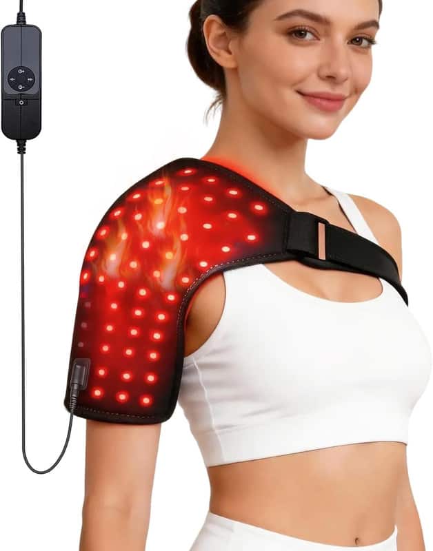 Vortro - 110 LED Red & Near-Infrared Light Therapy Shoulder Wrap, 660nm/850nm, Adjustable Timer, Pulse Modes, Black Wired Design