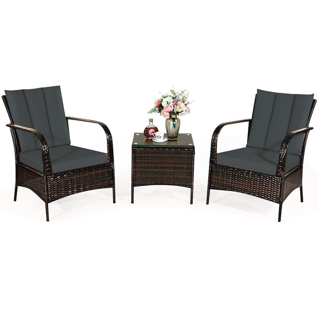 Front. Costway - 3 PCS Patio Wicker Rattan Furniture Set Coffee Table & 2 Rattan Chair W/Cushions - Dark Gray.