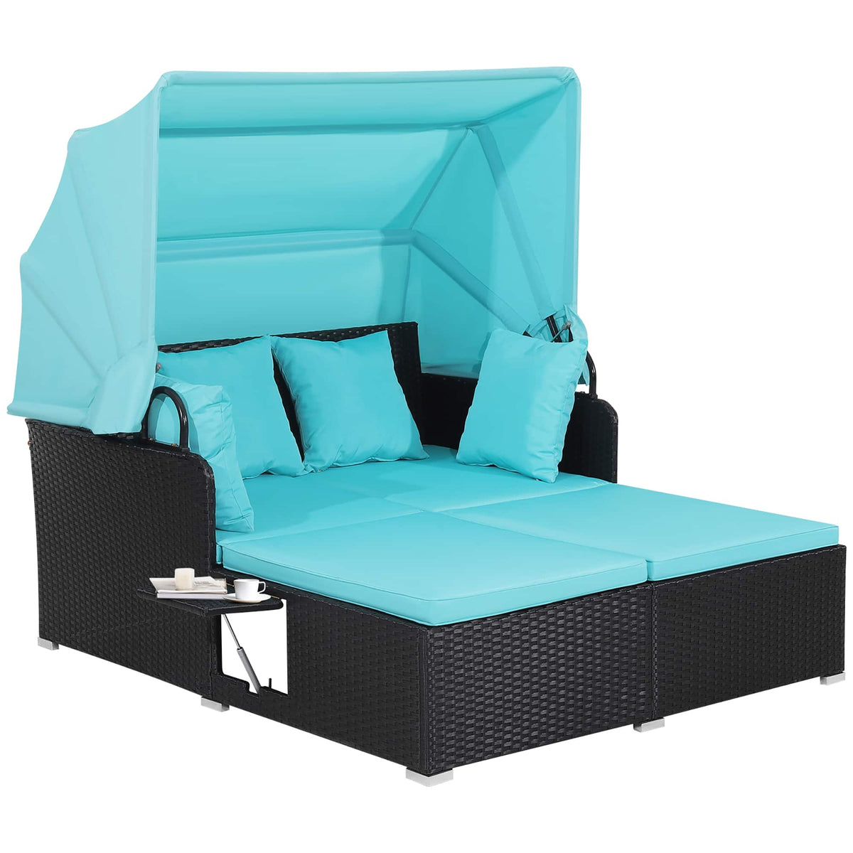 Costway - Patio Rattan Daybed Lounge Retractable Top Canopy Side Tables Cushions - Turquoise