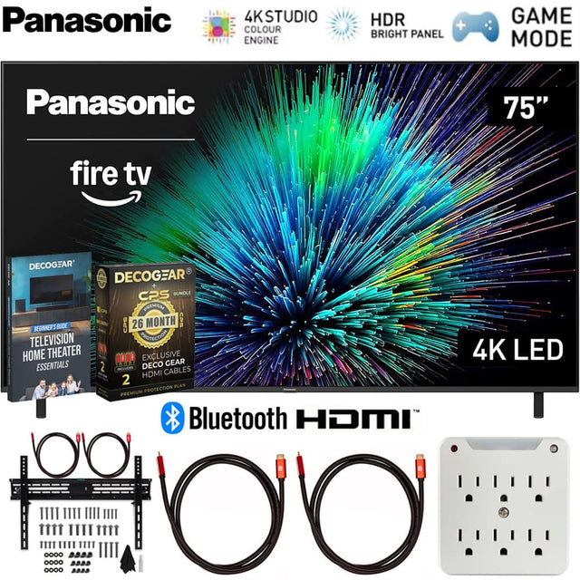 Panasonic 75" 4K LED TV with Fire TV  
- 4K Studio Colour Engine  
- HDR Bright Panel  
- Game Mode  
- Bluetooth  
- HDMI  

Included:  
- Decogear Beginners Guide to Television Home Theater Essentials  
- Decogear CPS Bundle (26 Month Premium Protection Plan)  
- Exclusive Decogear HDMI Cables  
- Premium Protection Plan