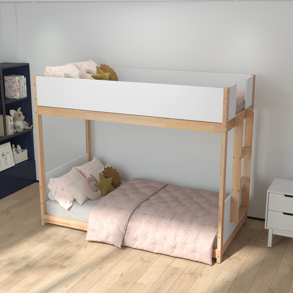 Emma + Oliver - Samuel Kids Bunk Bed with Convertible, Solid Wood Frame and Easy-to-Climb Ladder with No Box Spring Required - White/Natural