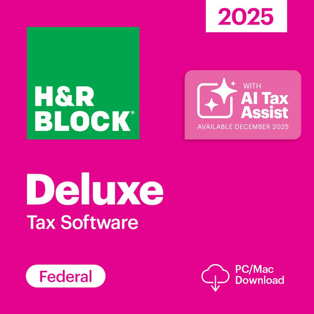 H&R Block  
2025  
Deluxe Tax Software  
Federal  
PC/Mac Download  
With AI Tax Assist  
Available December 2025