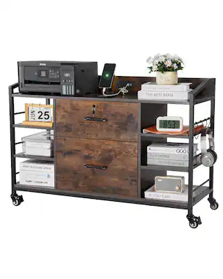 VEVOR - Drawers Metal File Cabinet, Lateral Filing Cabinet with Lock and 6 Open Shelves, Wooden Wide Filing Storage Cabinets