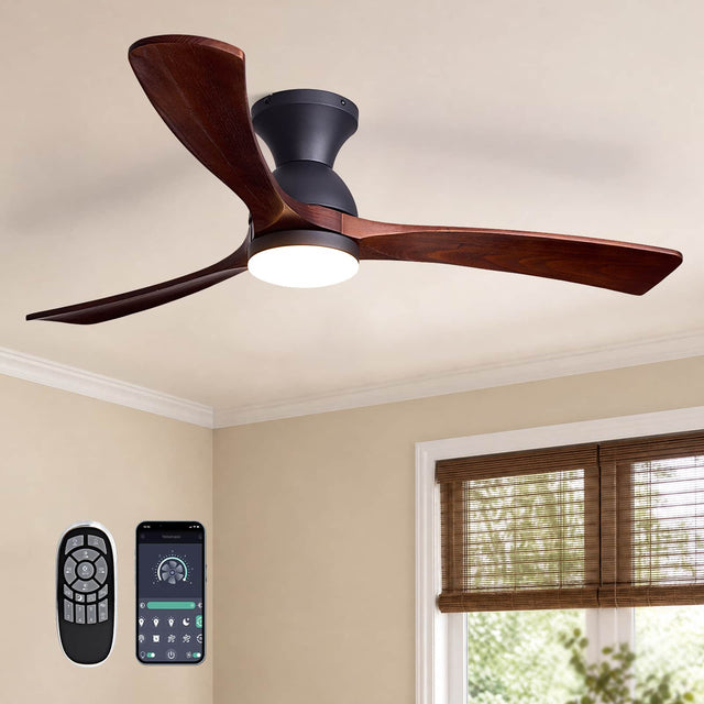 Front. Siljoy - 52 Inch Black Flush Mount Ceiling Fan with Light Solid Wood Blades with Remote Control for Bedroom Living Room Foyer - Brown.