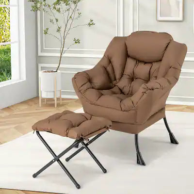 Gymax - Lazy Sofa Chair Accent Leisure Armchair w/ Folding Footrest & Storage Pocket