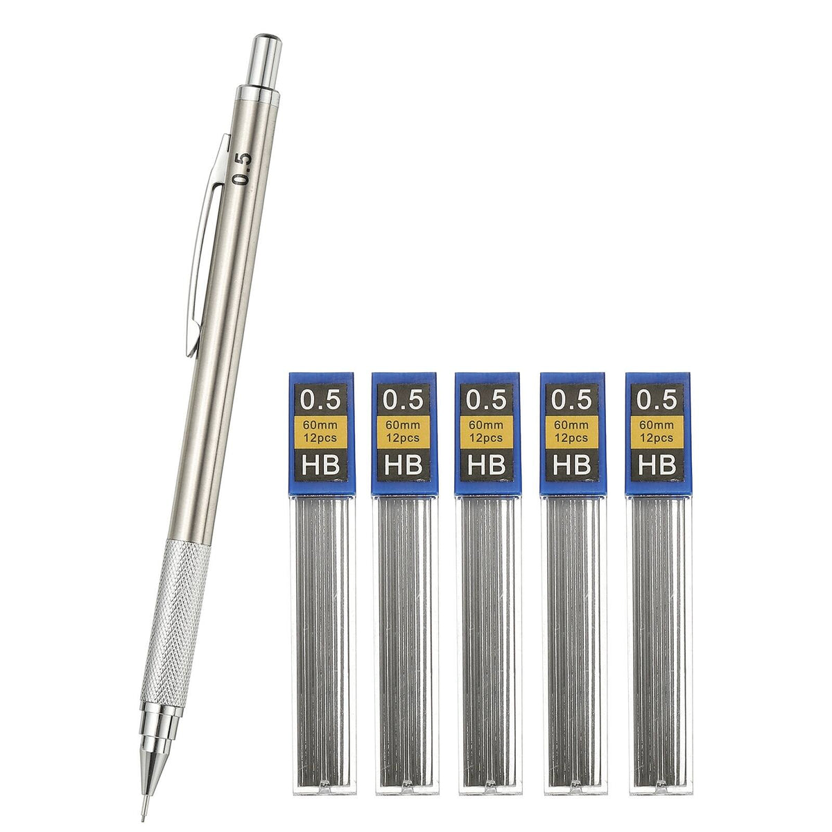 Unique Bargains - Mech Pencil 0.5mm, Lead Holder Fine Point Metal w/ 5pcs Refills for Drawing, Sketching, Woodworking - Silver